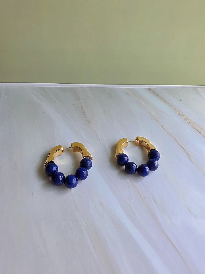 Lapis Lazuli女士耳环18k黄金复古皇家蓝色生日礼物  — 第 3/4 张图片