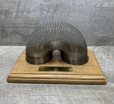 Vintage Metal Gold Toned Slinky & Wooden Tray Holder - Rare Estate Find!