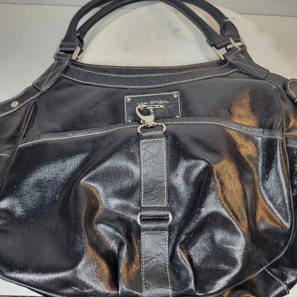 Bolso de Hombro Via Spiga Mujer Grande Negro Charol Bolsillos Forrado Hobo Foto 3 de 4