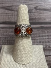 Sterling Silver Owl Face Ring With Amber Eyes Size 7