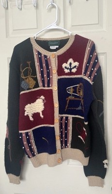 Vtg Rosslee Novelty Knit Wool Cardigan Sweater Sheep Women s L Cottagecore