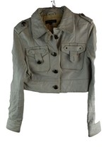 TOPSHOP Grey Leather Crop Biker Jacket size Uk 6 Womens Button Up Casual