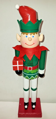 Elf Wooden Christmas Nutcracker 15'' Tall Red Green White With Present