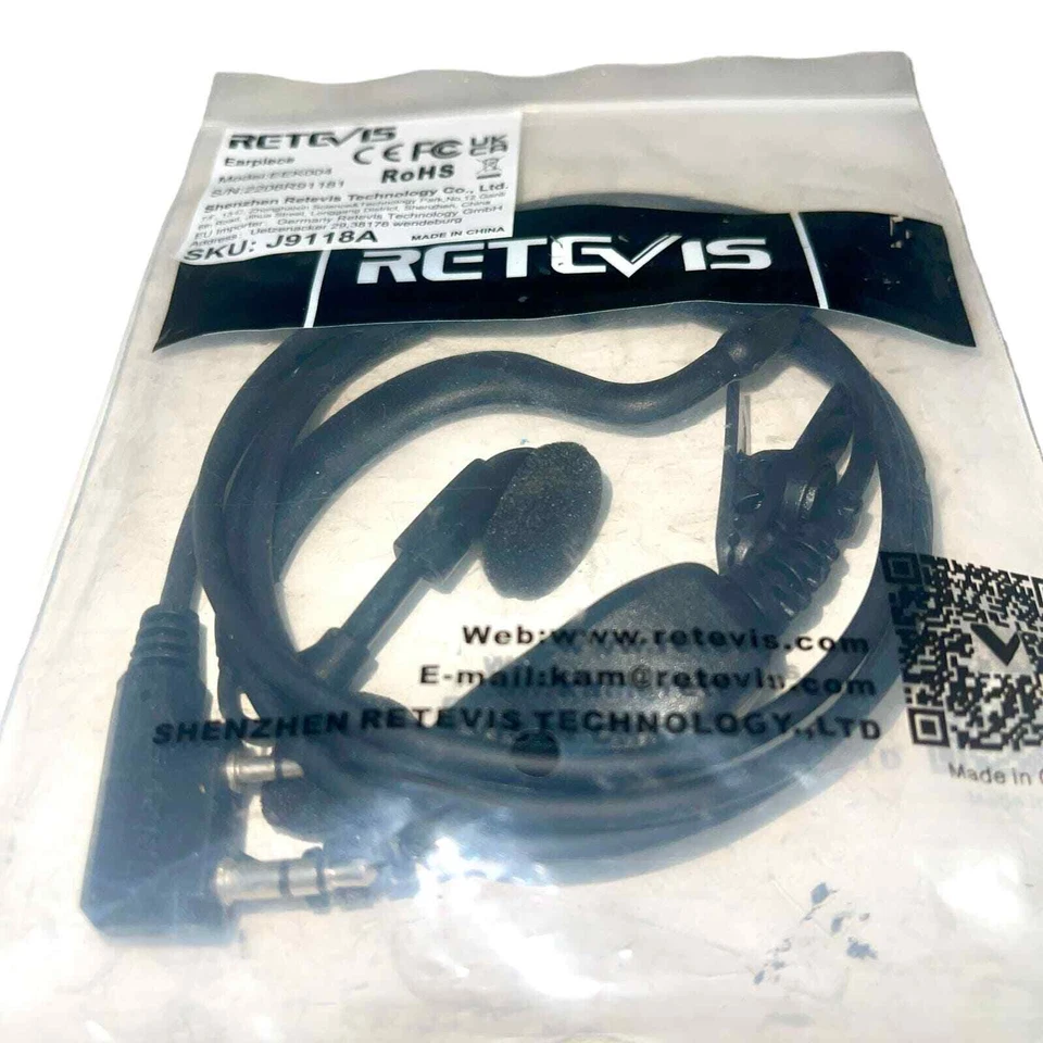 Retevis 2-Pin Ear hook Earpiece EEK004 W/ Collar Clip & PTT Button Black - Image 3 of 4