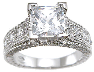 CT Sterling Silver Rhodium Finish CZ Princess Antique Style Wedding Ring