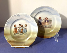 Set 2 Antique German Childs Plates - Children at Play - Playing - VGC