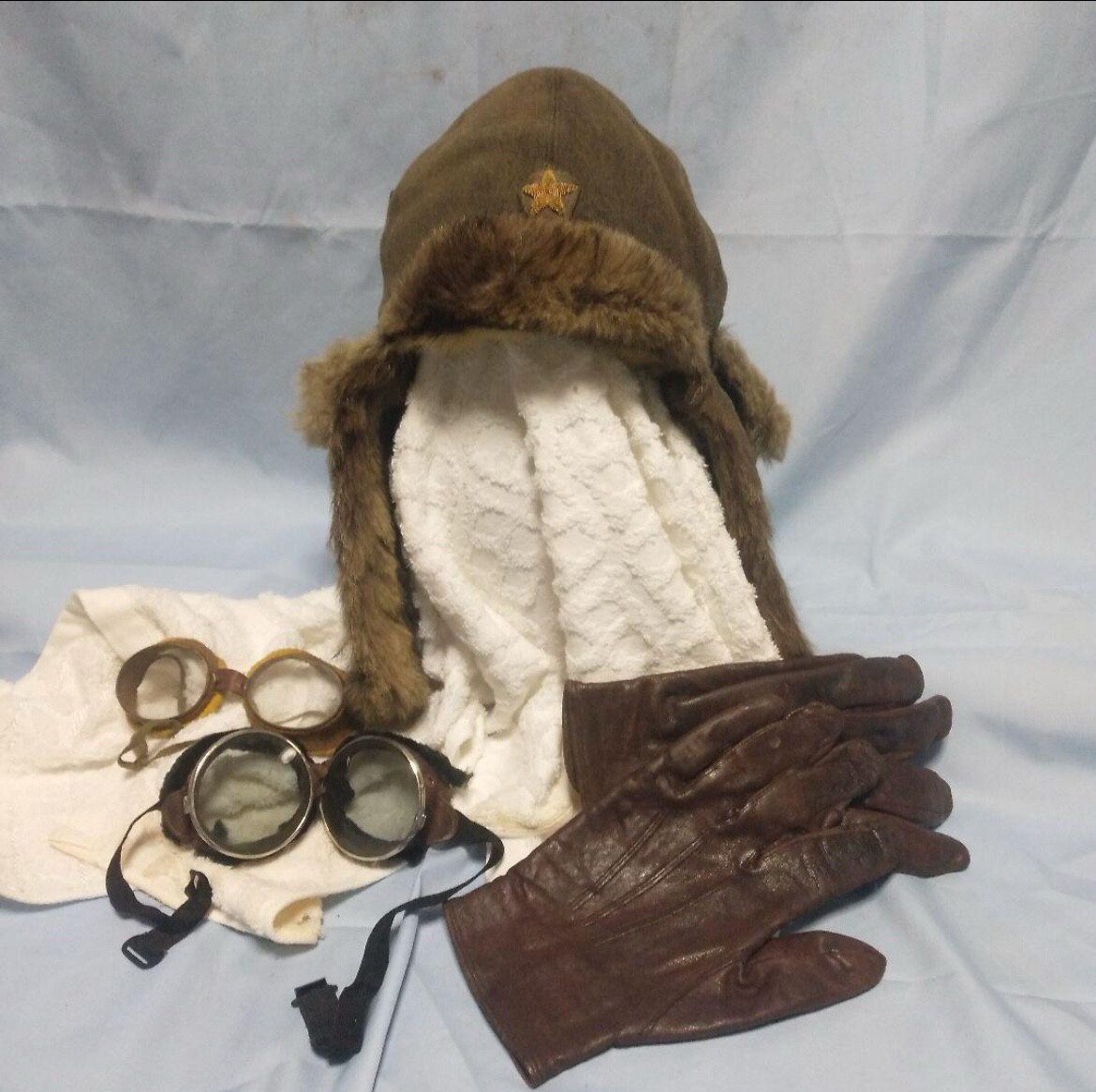 WW2 Japanese Army Officer Winter Cap Fur Hat Goggles Gloves Set
