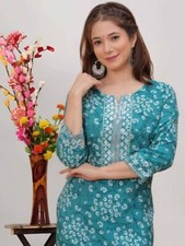 Sky Blue Kurta Embroidered Bandhani Printed Indian Women Dress Tunic Plus Size
