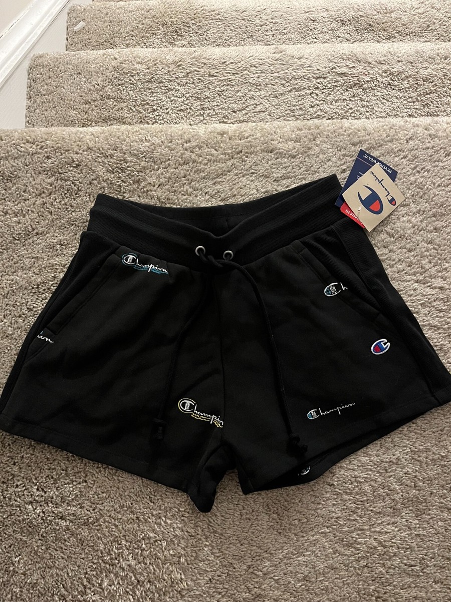 NEW Champion Women's Reverse Weave Sweat Shorts Black Logo AOP