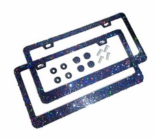 2 Bling Holographic Chunky Black Glitter License Plate Frames Cover Jet Rainbow