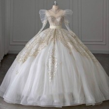 Luxury Princess Wedding Dresses with Puff Sleeves Gold Appliques Bridal Gowns