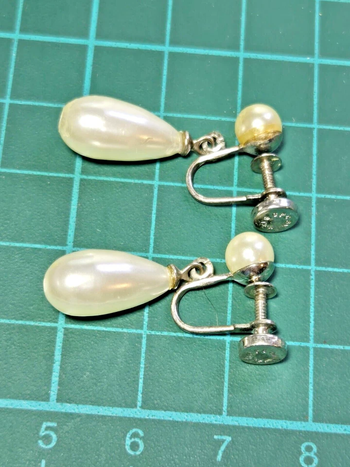 Vintage Stamped CPC Sterling Silver Faux Pearl Dangle Screw Back Earrings 925 Foto 4 de 4