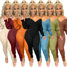 NEW Stylish Women V Neck Long Puff Sleeve Solid Ribbing Bodycon Club Jumpsuit