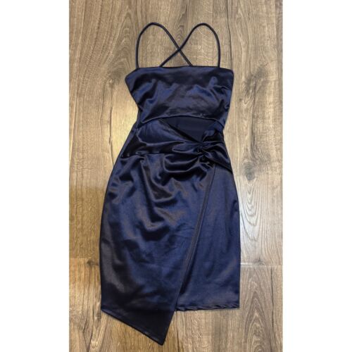 Satin Mini Dress Cutout Tie Knot Bodycon Cocktail Party Blue small