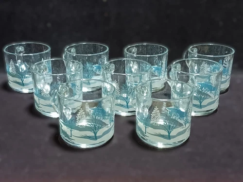 Anchor Hocking "Winter Scene" Clear Glass Mugs - 9 Mug Set - Vintage 1980's