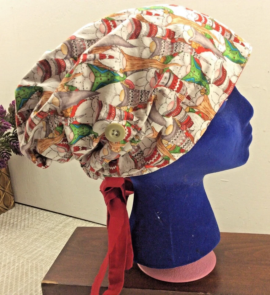 Lot of 3 HANDMADE Scrub Hat Surgical Cap Tie-Dye-Tie Back Christmas Prints - Image 2 of 4