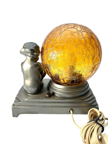 Art Deco Figural Young Boy Reading Lamp with Amber Crackle Lamp Shade - Picture 4 of 8