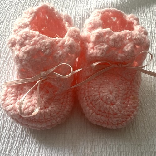 Vintage Handmade Crochet Pink Booties Infant Baby Girl Ribbon Bow No Size