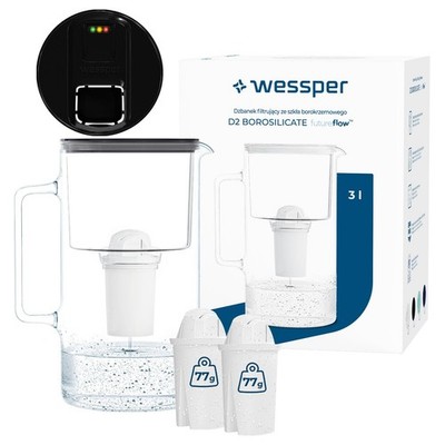 Wasserfilter Kanne Glas 3L Wessper D2 BOROSILICATE FutureFlow 3 Kartuschen