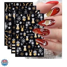 8 Sheets Glitter Christmas Nail Art Stickers Decals Self-Adhesive Holiday Gol...