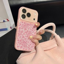 For iPhone 17 16 15 14 13 12 Pro Max Glitter Bling Heart Leopard Print Case Cove