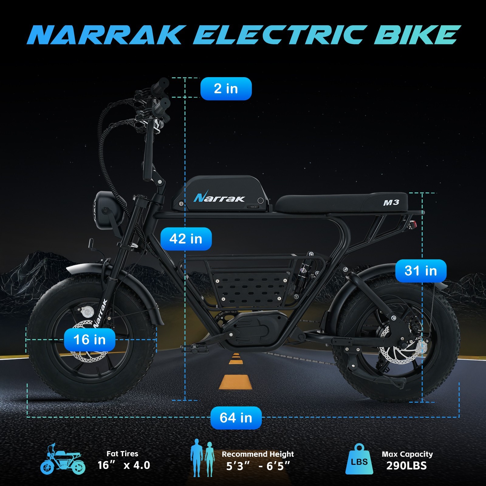 Narrak Electric Bike for Adult,1100W Peak Motor Fat Tire Removable Battery Ebike