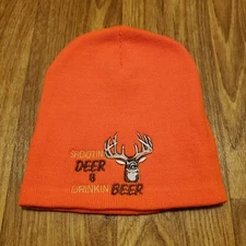 Vintage Hunting Beanie Hat Orange Hi Viz Cap Adult Shootin Deer & Drinkin Logo