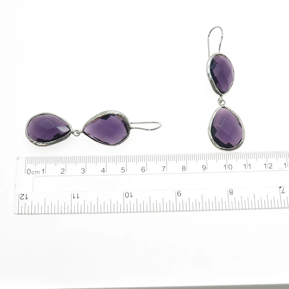 925 Sterling Silver Real Pear-Cut Amethyst Dangle Earrings - Image 3 of 4