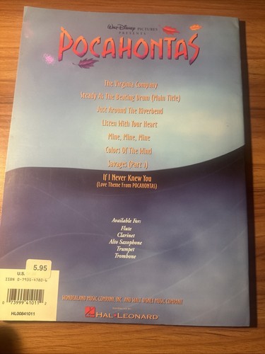 Disney Pocahontas Trombone Sheet Music Book 1995 Alan Menken NOS VTG - Picture 2 of 3