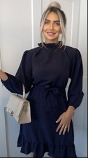 Missfiga/New Look BNWT Navy Dress ‘Molly’ High Neck Puff Lg Sleeve Ruffle Sz 14