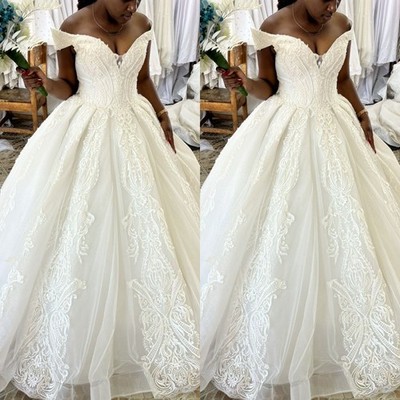 Elegant Wedding Dresses Off The Shoulder Lace Tulle Sweep Train Bridal Gowns
