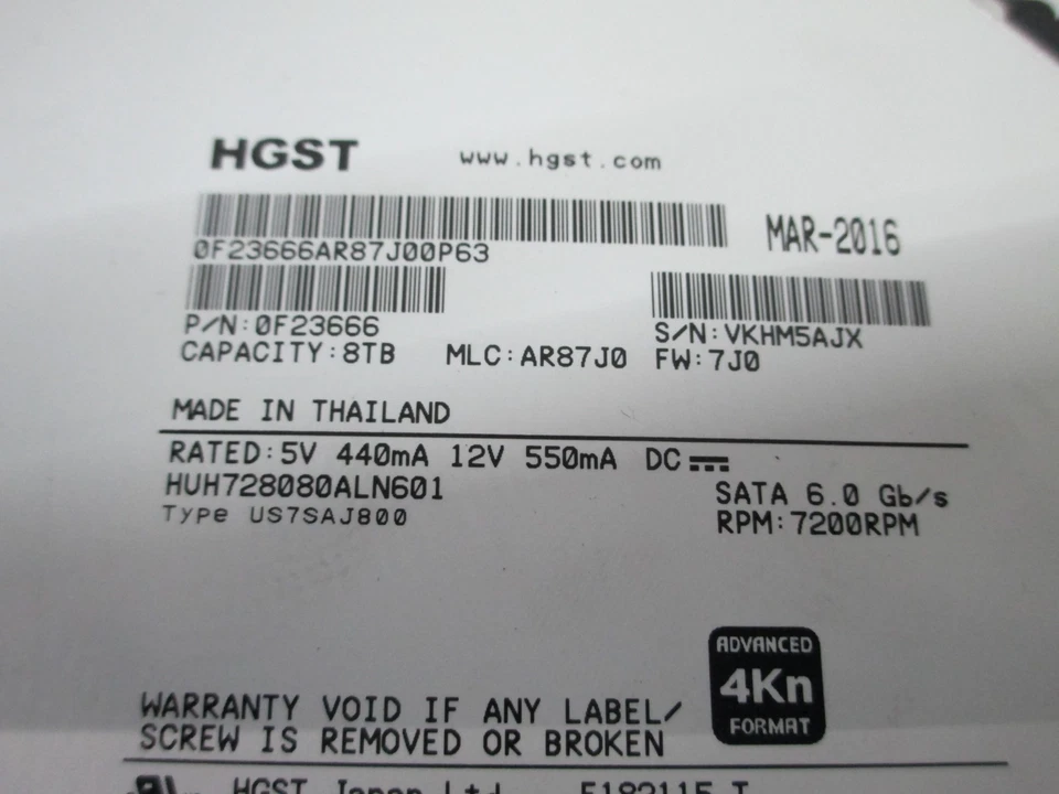 LOT-7 HGST 8TB HDD 7200RPM 6GB/S 0F23666 0F23666AR87J00P63 *READ* T5-C2 - Image 3 of 4