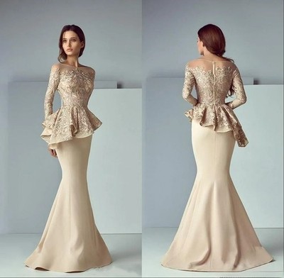 Lace Stain Mermaid Mother of The Bride Dress Sheer Neck Long Sleeve Evening Gown