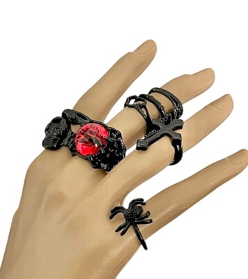 Set /Bundle/ Lot 8 Fun Black Rings Dragon Red Eye Mixed Sizes Gothic Halloween