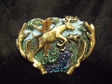 VINTAGE GREAT AMERICAN BUCKLE CO. ENAMELLED BRASS RUNNING DEER BELT BUCKLE MINT 
