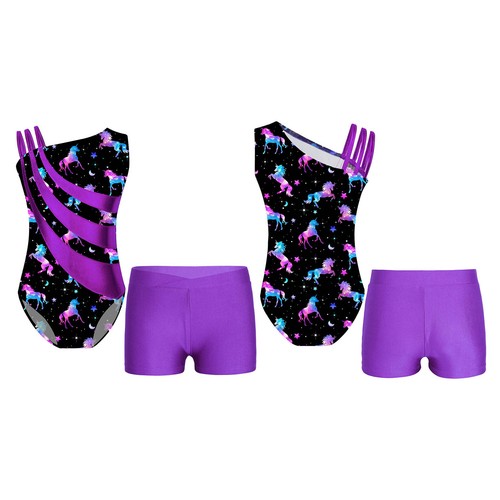 Kids Girls Dance Set Stylish Sports Suit Printed Leotard With Shorts Shiny - Picture 16 of 82