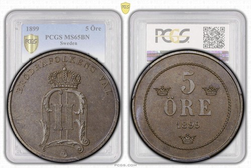 SWEDEN, Oscar II, 5 Ore 1899, Top Pop, PCGS MS 65 BN