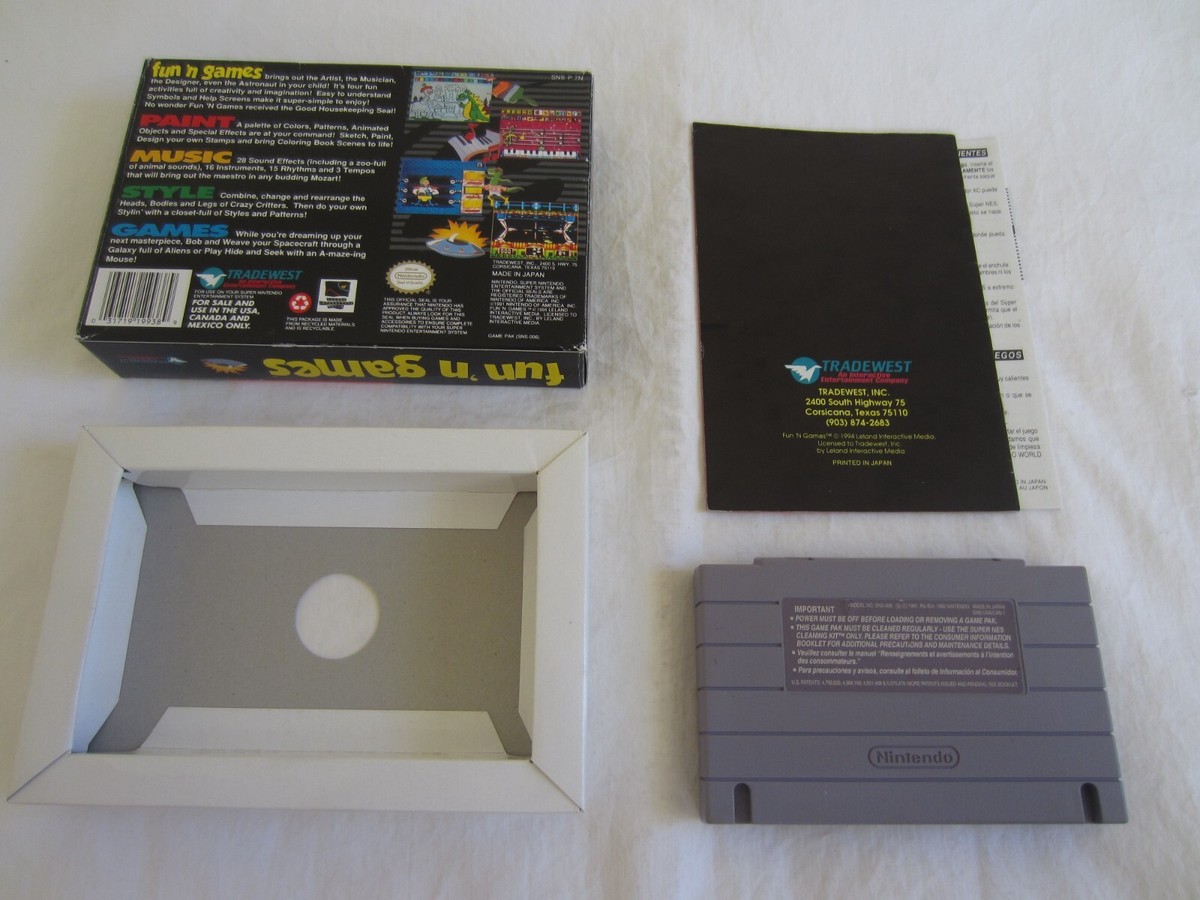 Fun 'n Games (SNES) Super Nintendo CIB Complete Box 1994 Fun 'n Games (SNES) Super Nintendo CIB Complete Box 1994