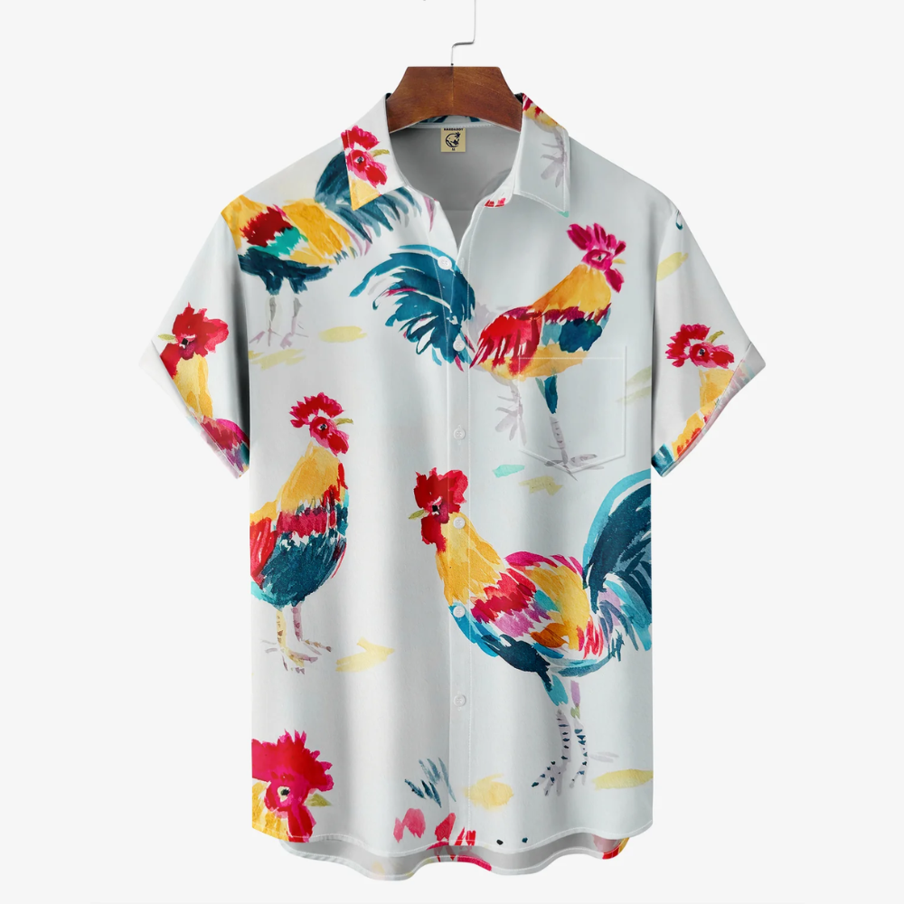 Rooster Art Chest Pocket Short Sleeve Hawaiian Shirt For Men US Size NEW
