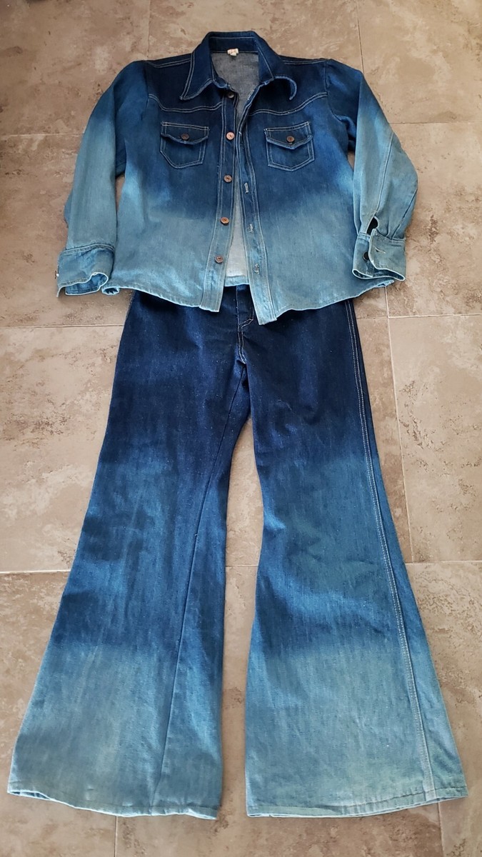 VINTAGE 70S BELL BOTTOM JEANS JACKET SET HIGH WAISTED 34/44 TIE DIE GROOVY