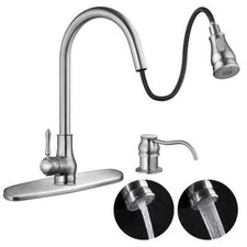 Kitchen Sink Faucet Single Handle Pull Down Sprayer w/ Soap Dispenser Deck Mount