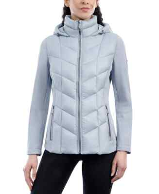 BCBGENERATION Light Blue Mixed-Media Hooded Raincoat X8306 Womens Size XL