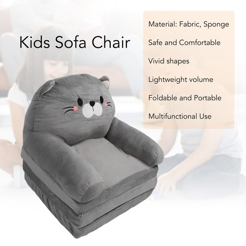 (3 Layers) Kids Cat Toddler Chair Plush Fold Out Sofa Bed Grey Made Of GB - Picture 5 of 22