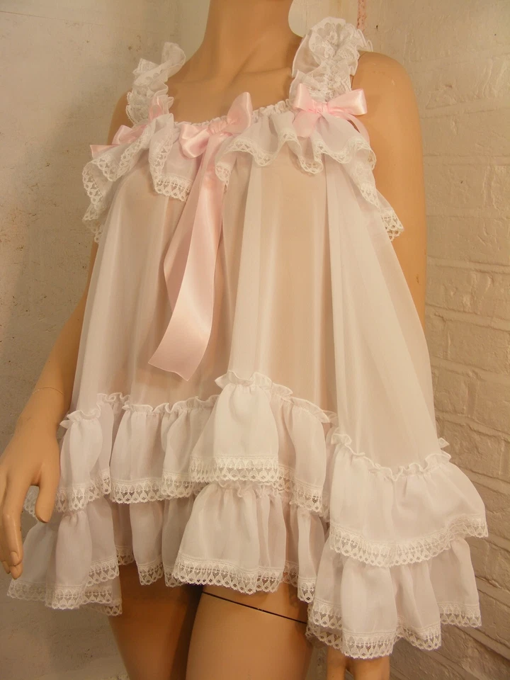 sissy ADULTO Vestido Bebé Blanco Gasa Babydoll Negligee Camisón Elegante Cosplay Foto 3 de 4