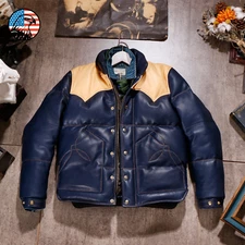 Men's Blue Puffer Jacket Real Lambskin Leather Quilted Bomber Jacket Dual Color