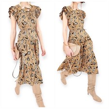 ULLA JOHNSON Zuma Printed Tie-front Midi Dress In Amber Size 2, New with tag,