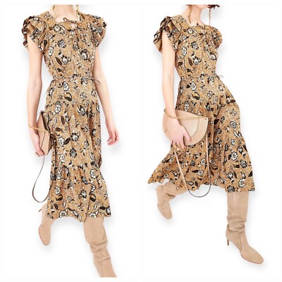 ULLA JOHNSON   Zuma Printed Tie-front Midi Dress In Amber Size 2, New with tag, 