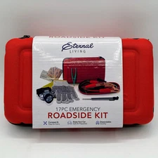Roadside Emergency Kit 17-Pc Set Booster Cables Tire Guage LED Headlight Case