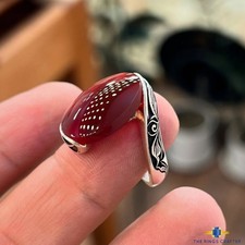 Natural Red Yemen Agate Aqeeq Handmade 925 Sterling Silver Elegant Ring For Her