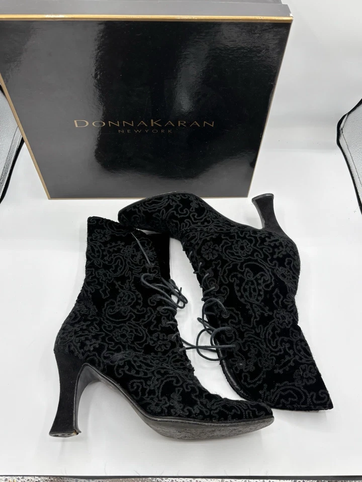 Vintage Velvet Embroidery Donna Karan Lace Up Victorian Heel Black Size 7 - Image 2 of 4